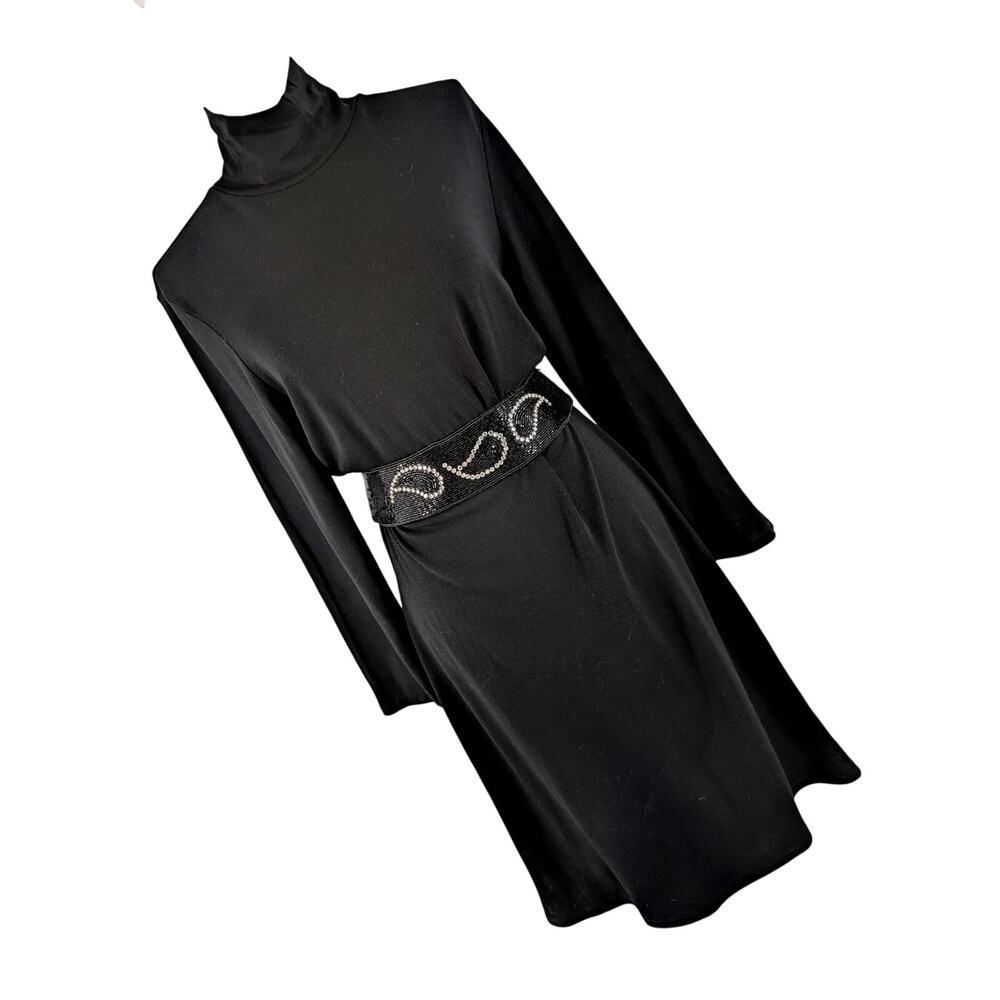 BANANA REPUBLIC! RICH WOOL BLEND KNIT, BLACK BEAD BELT LONG SLEEVE  DRESS! SZ L
